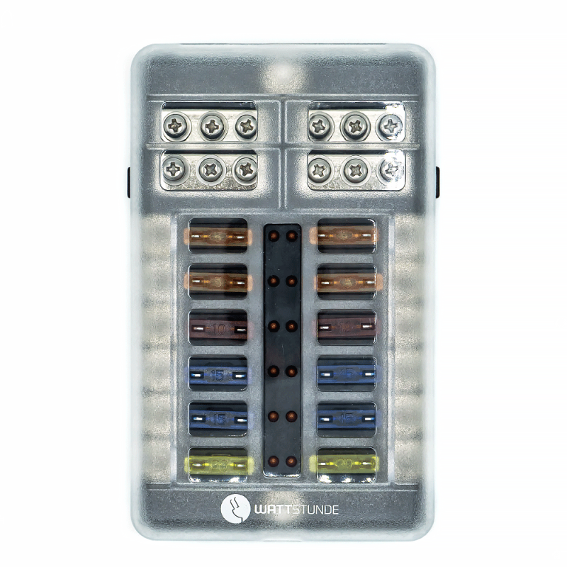 WATTSTUNDE® Plus Distributor 12 mit je 4x 5A, 10A, 15A, 20A Flachsicherungen - Homeiq24